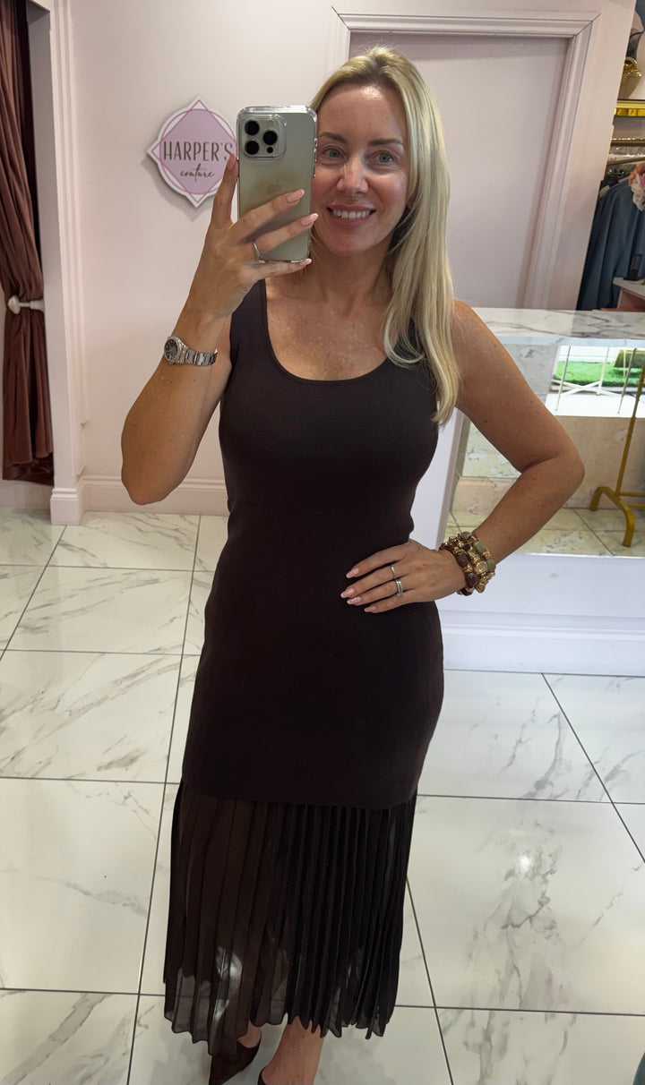 Riley Chocolate Brown Pleated Skirt detail Dress