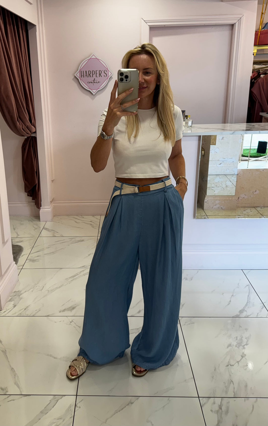 Doris Soft Lightweight Denim Belted Long length Trousers