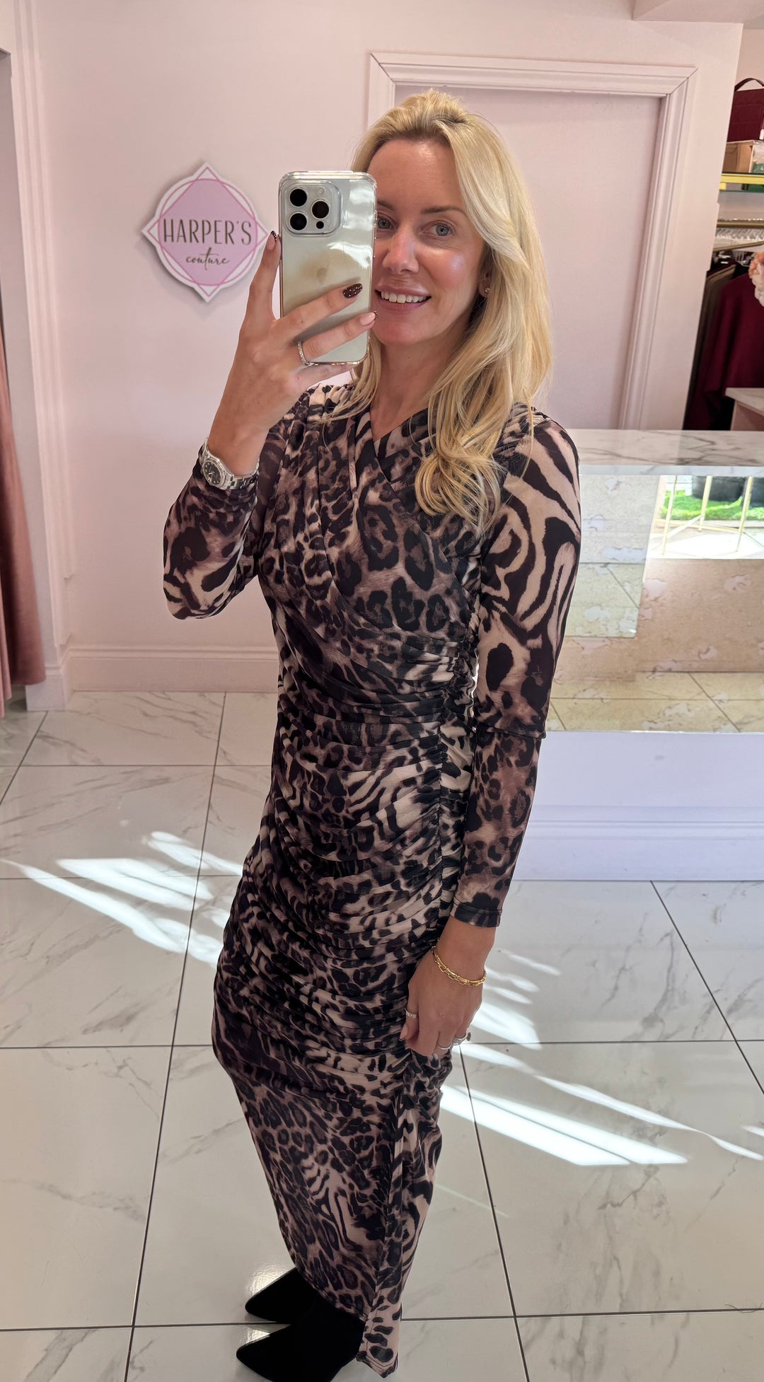 Laura Leopard Print Mesh Dress With Flattering Ruching