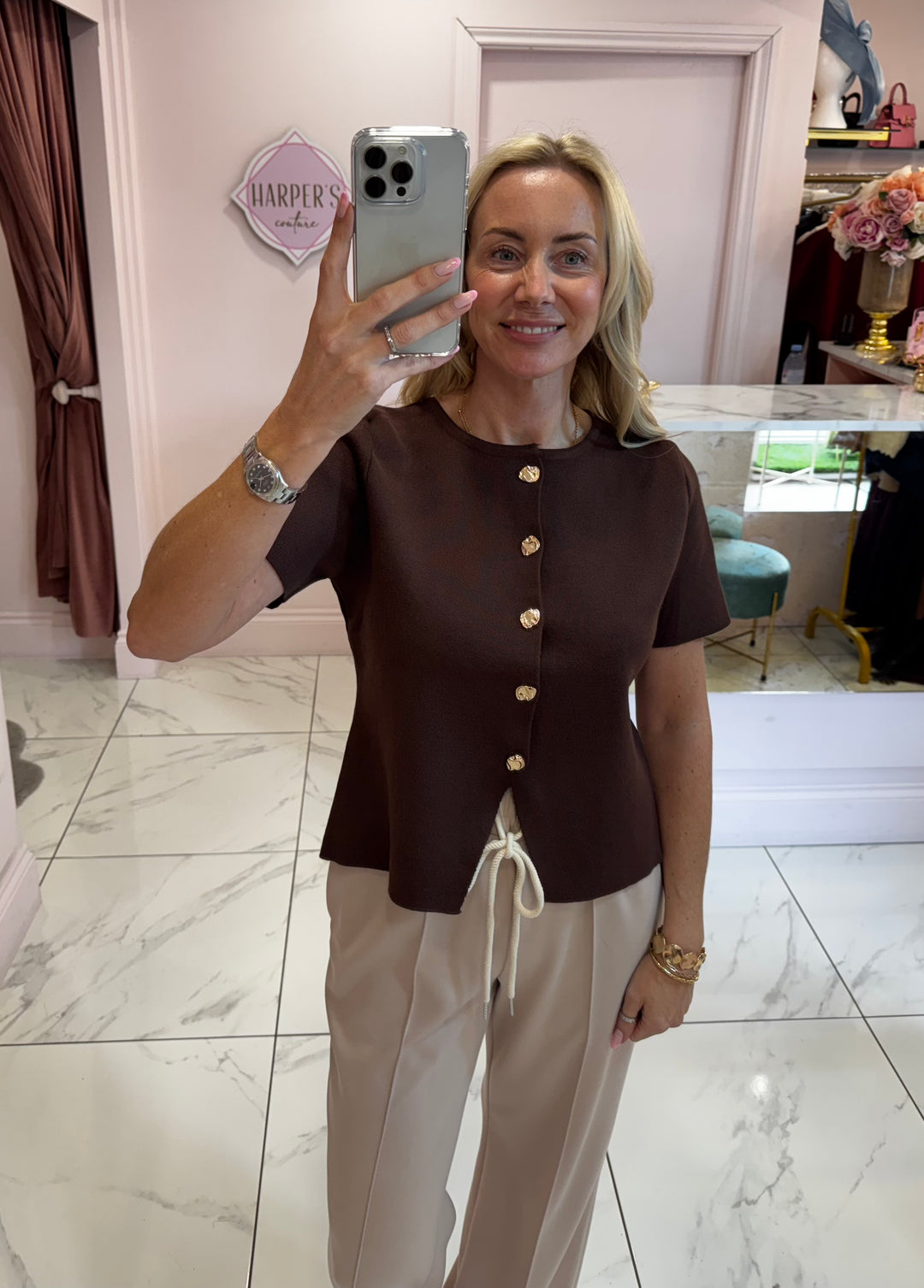 Carly Chocolate Short Sleeve Gold Button Detail Cardigan