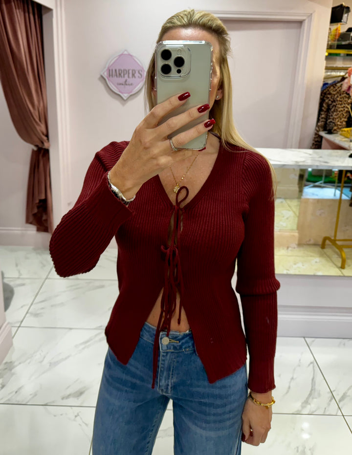 Liz Super Soft Burgundy Knit Cardigan With Tie Detail