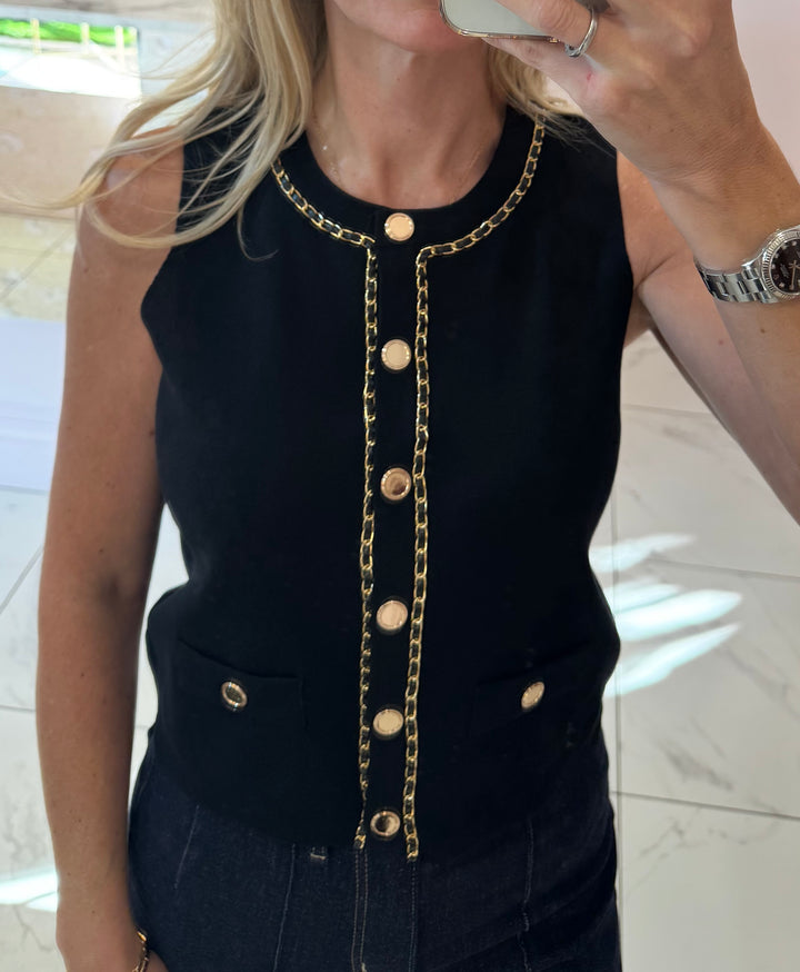 Chantelle Black Gold Trim & Button Detail Top