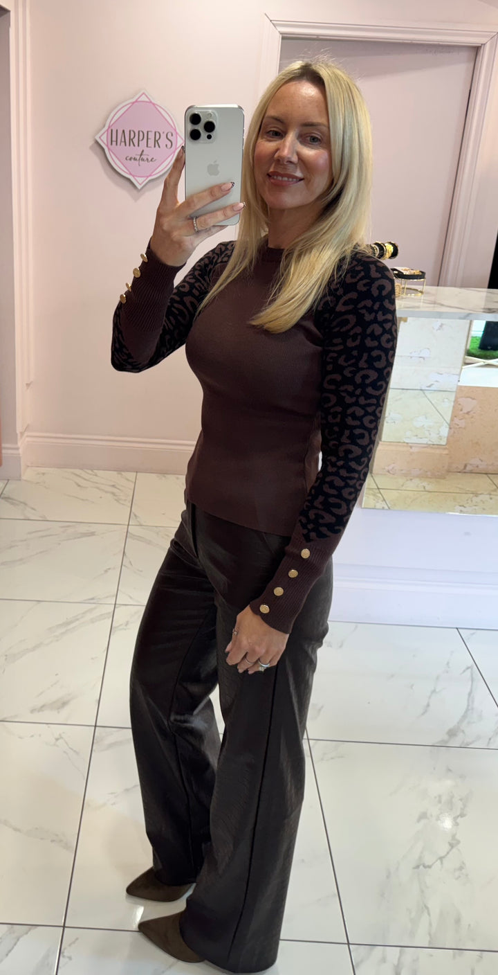 Gina Leopard & Button Detail Knit Sweater/Jumper