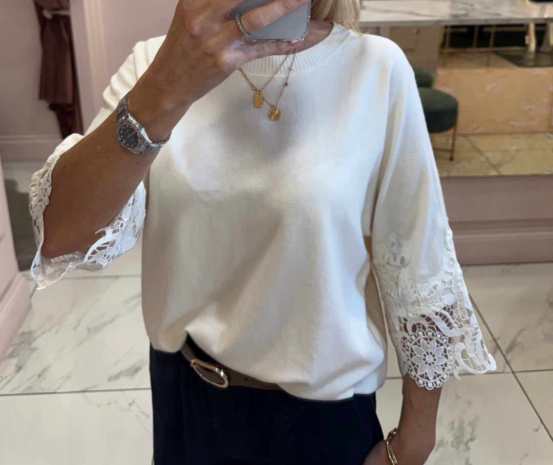 Cassie Super Soft Lightweight Short Sleeve Jumper with Lace Detail