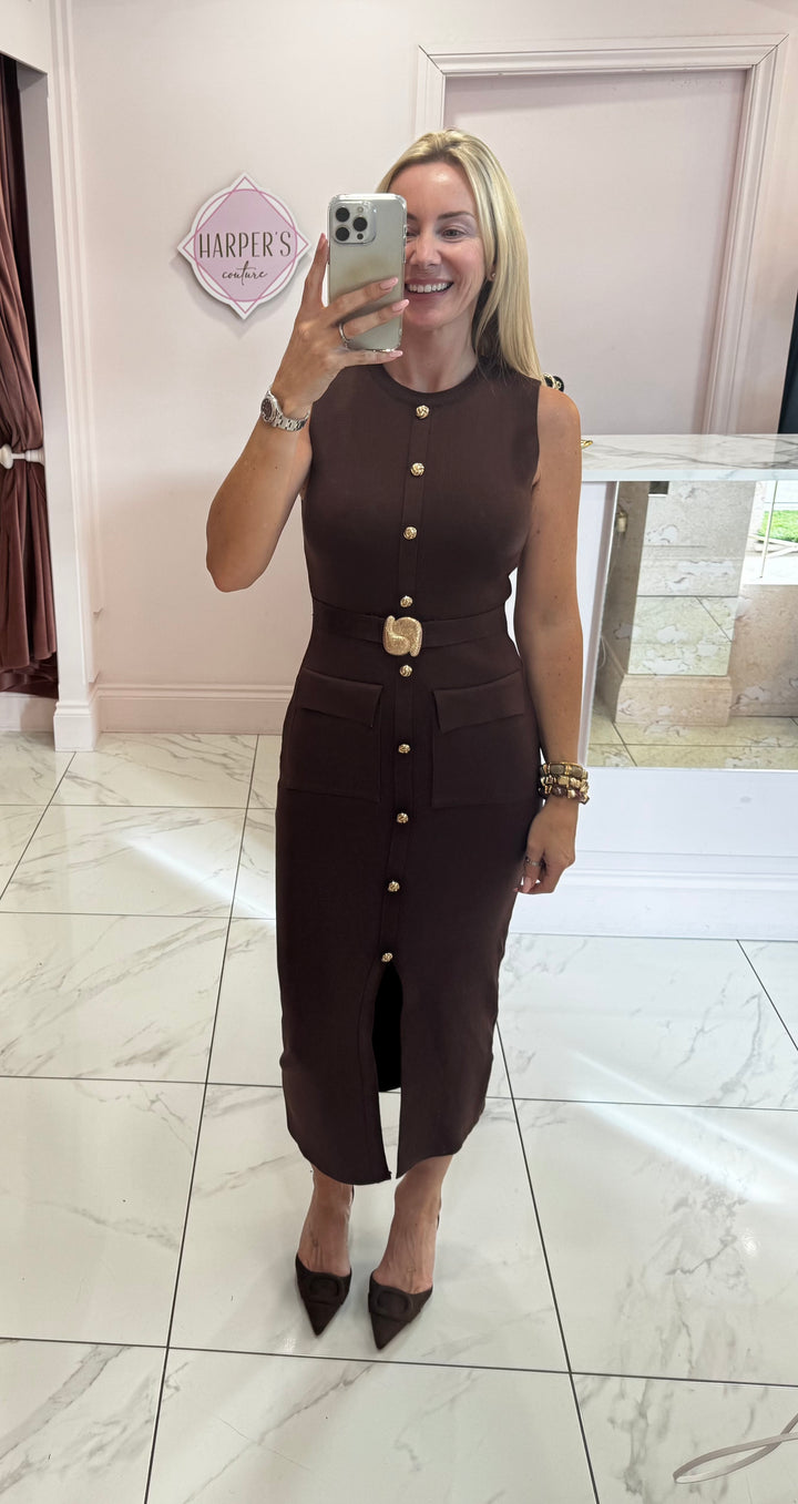 Joanna Chocolate Brown Knit Belted Dress