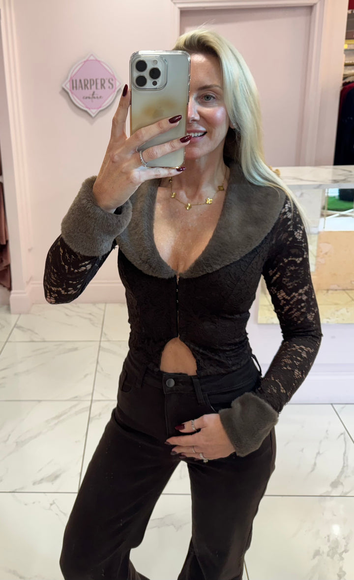 Ayla Chocolate Fur Cuff & Collar Lace Top