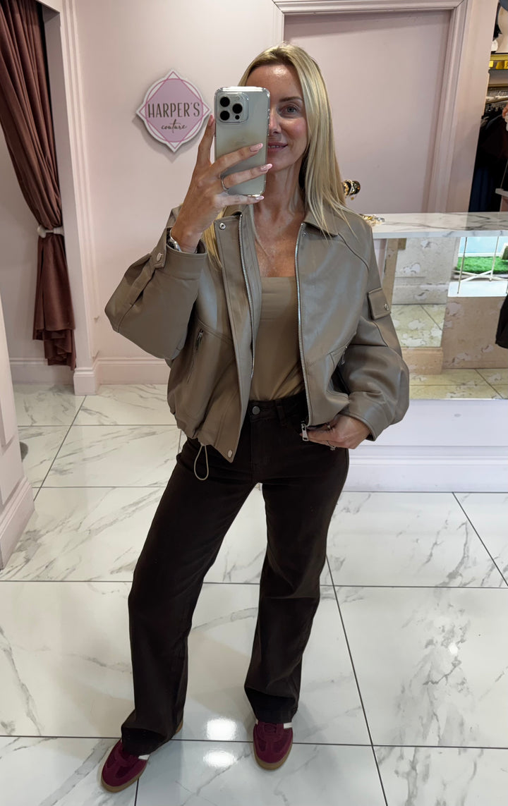 Beryl Mocha Faux Leather Lined Bomber Jacket
