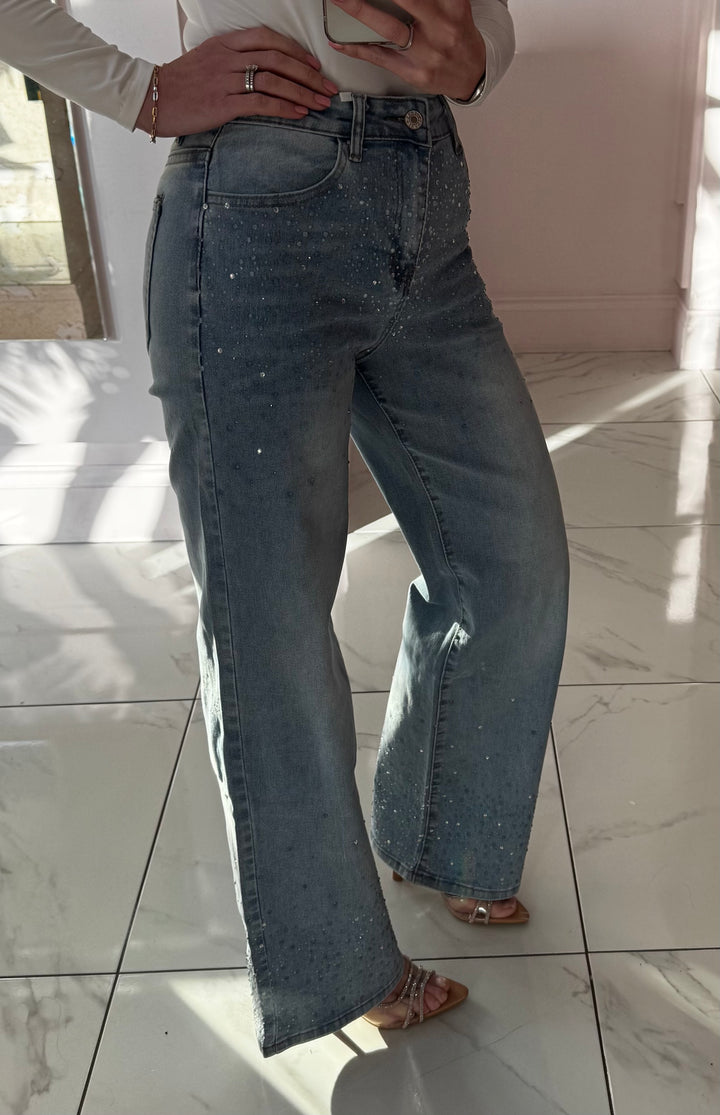 Andrea Wide Fit Blue & Silver Ombre Sparkle Stretch Jeans