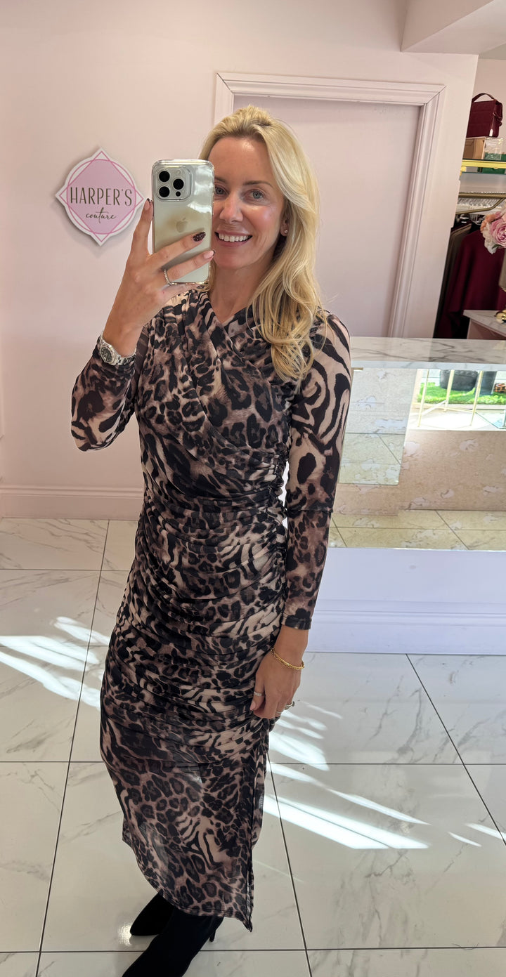 Laura Leopard Print Mesh Dress With Flattering Ruching
