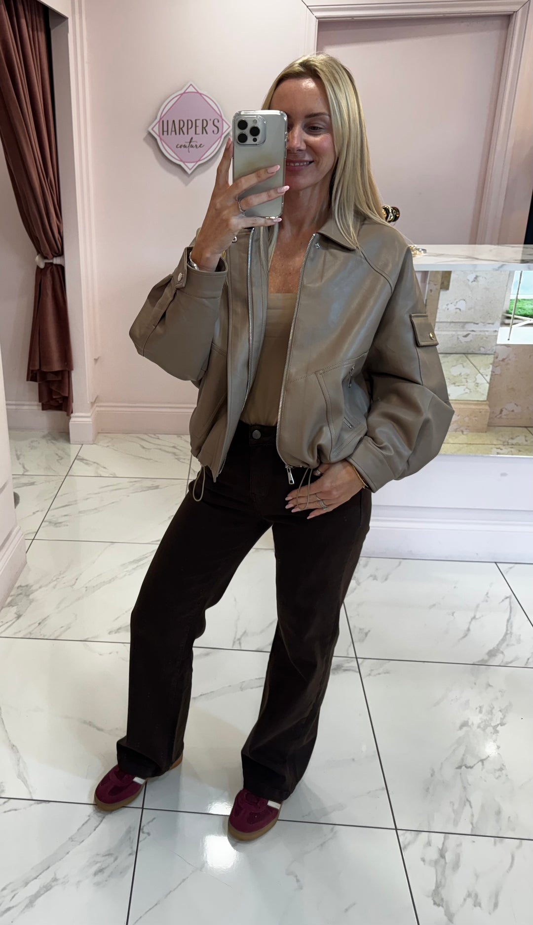 Beryl Mocha Faux Leather Lined Bomber Jacket