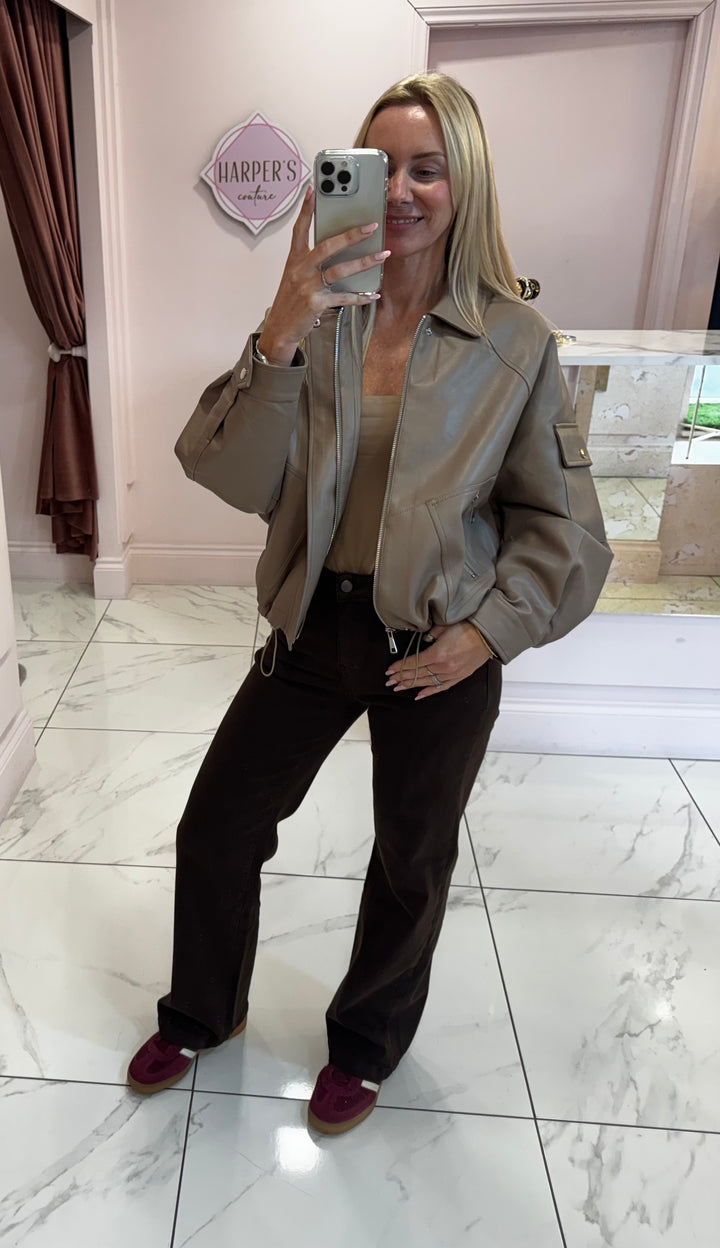 Beryl Mocha Faux Leather Lined Bomber Jacket
