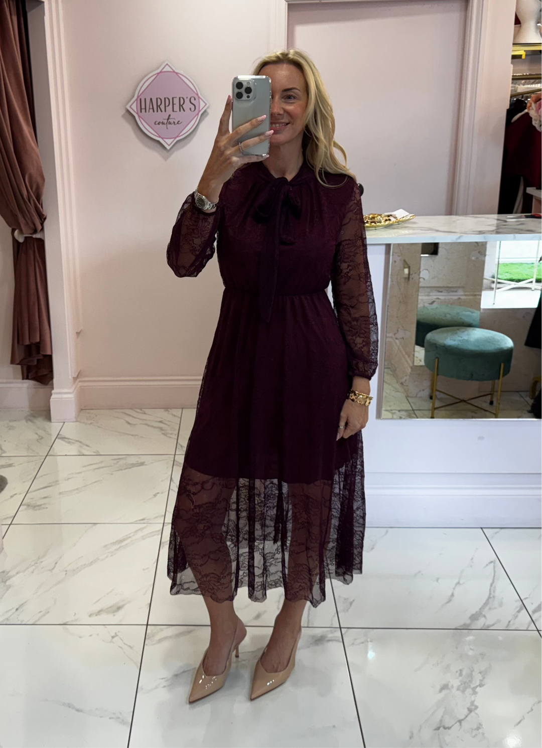 Dionne Burgundy Lace Long Sleeve Dress