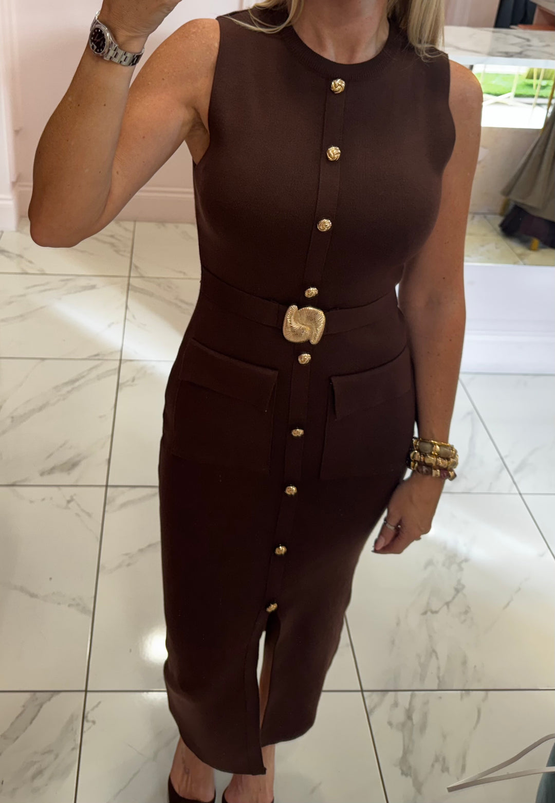 Joanna Chocolate Brown Knit Belted Dress