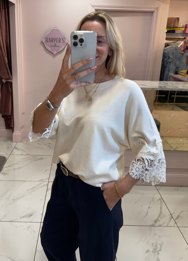 Cassie Super Soft Lightweight Short Sleeve Jumper with Lace Detail