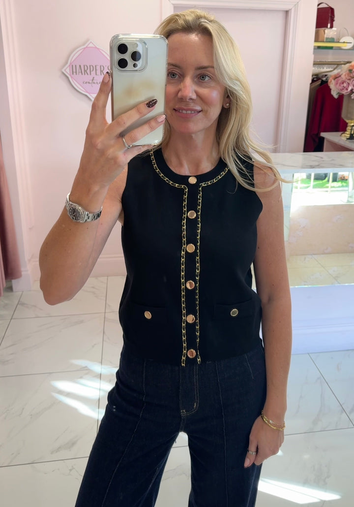 Chantelle Black Gold Trim & Button Detail Top