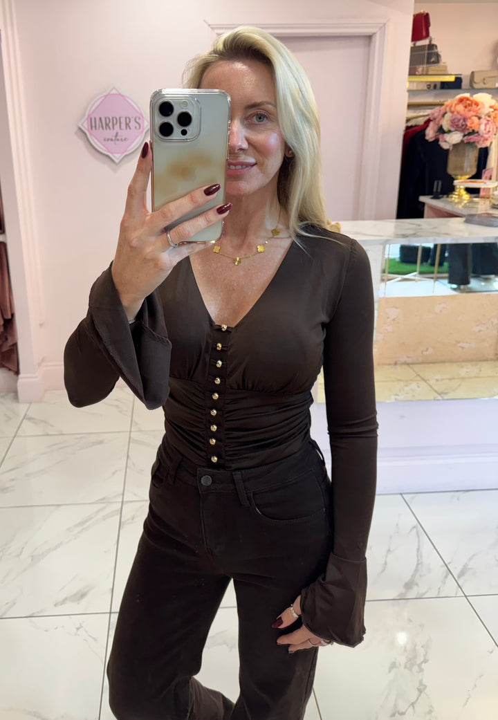 Kara Gold Bead & Fluted Sleeve Detail  Bodysuit