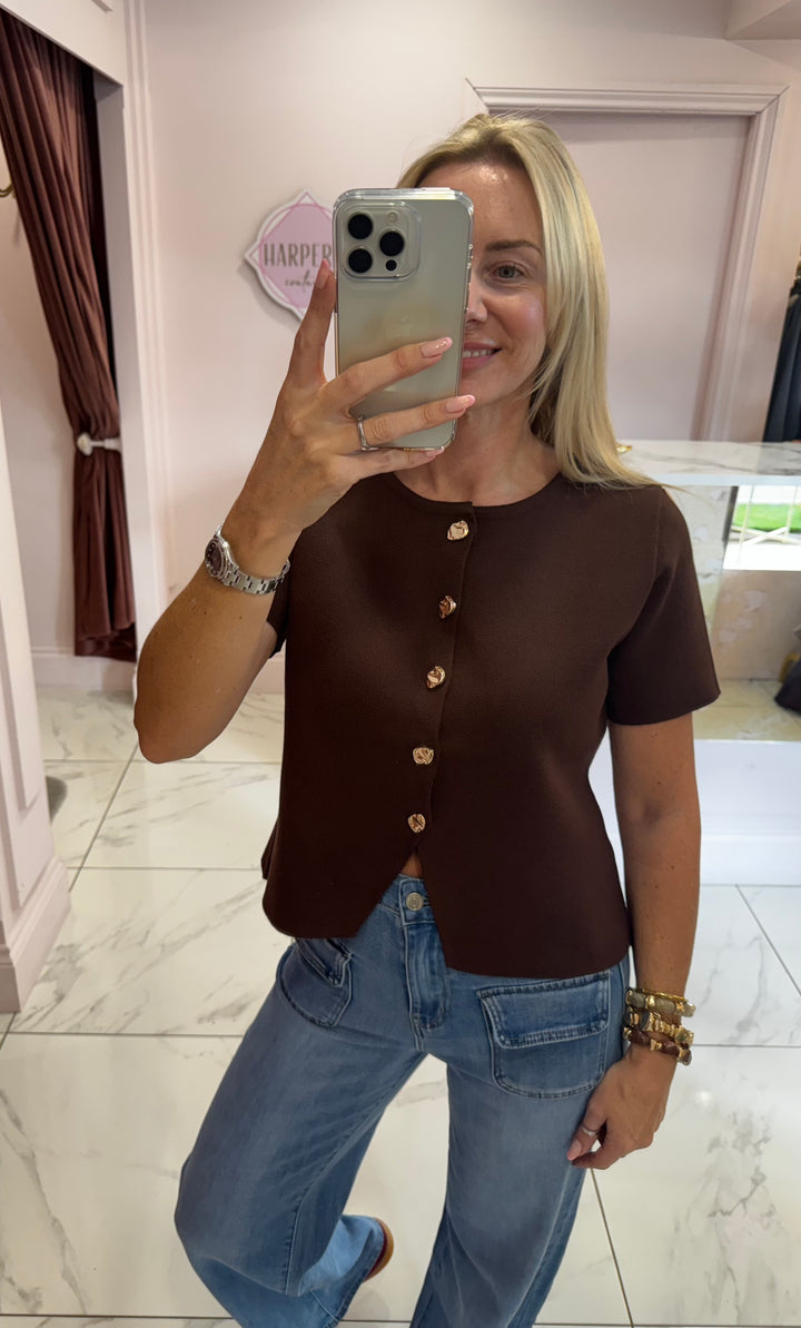 Katy Chocolate Knit Button Detail Waistcoat/Top