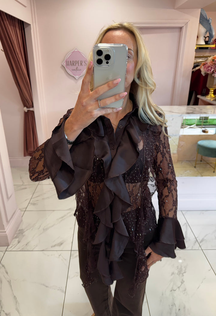 Hollie Lace & Ruffle Chocolate Brown Shirt with Bell Sleeves