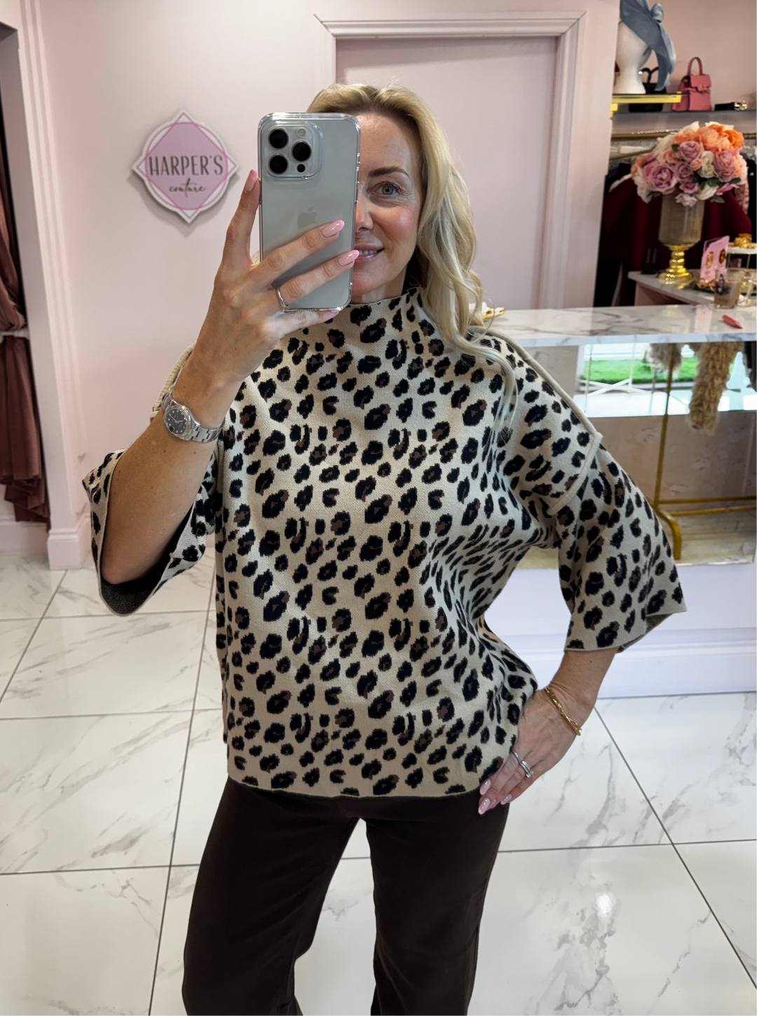 Leonie Leopard Short Sleeve Detail Soft Knit Jumper