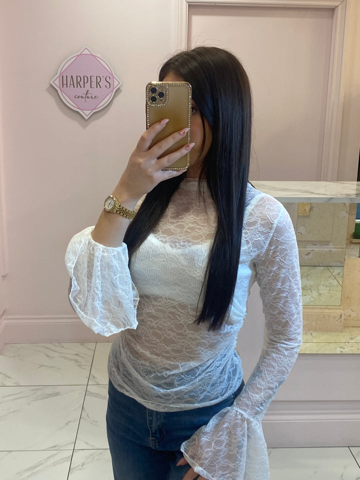 Lucie White Lace Top with Bell Sleeves