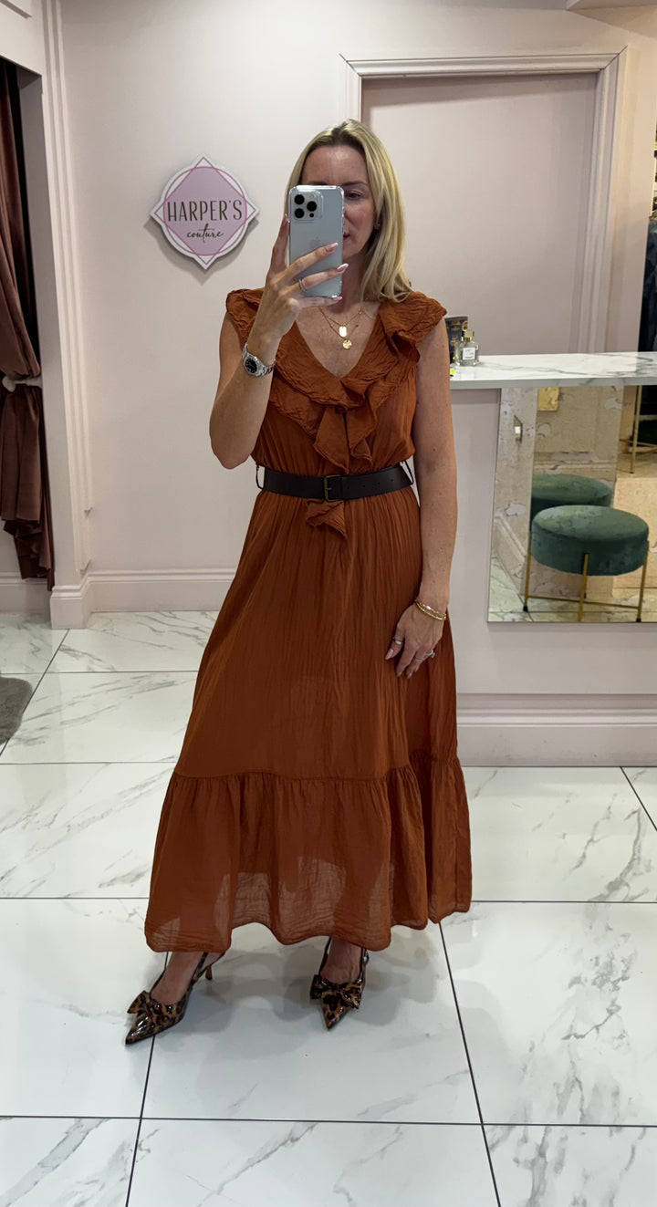 Estelle Rust Belted Ruffle Detail Dress