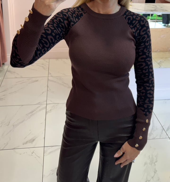 Gina Leopard & Button Detail Knit Sweater/Jumper