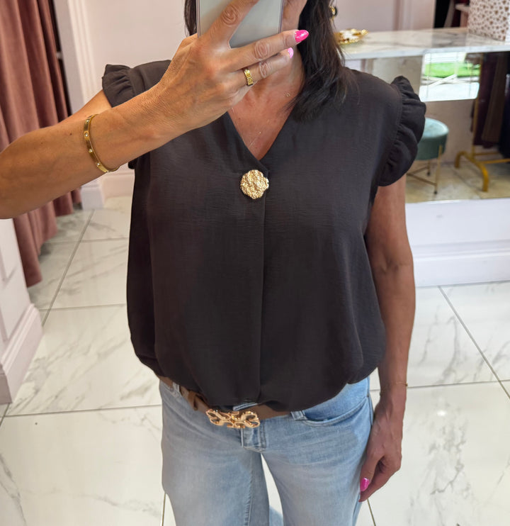 Brooke Gold Button Frill Shoulder Top