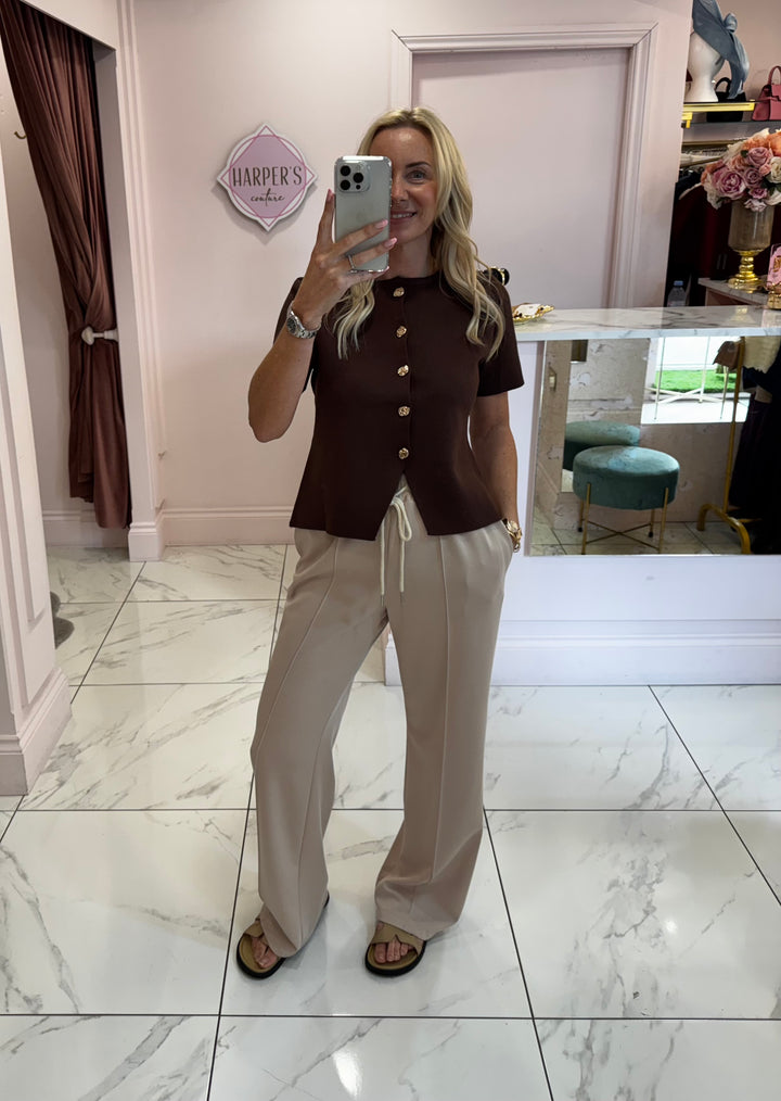 Carly Chocolate Short Sleeve Gold Button Detail Cardigan