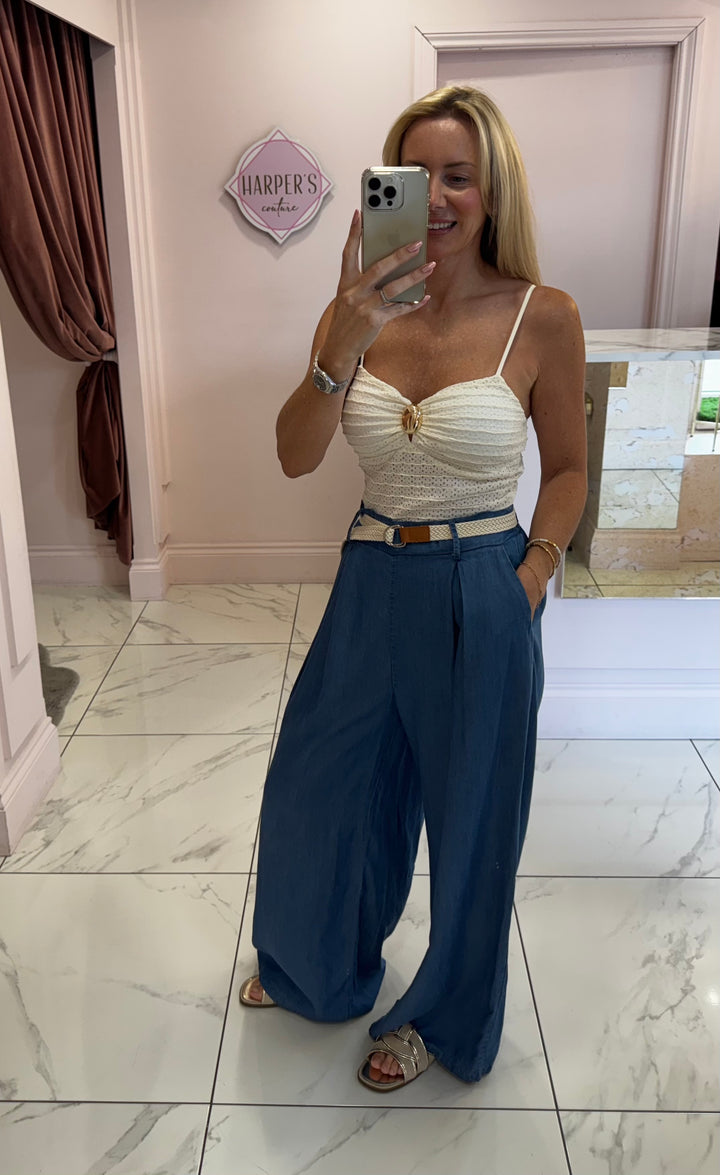 Doris Soft Lightweight Denim Belted Long length Trousers