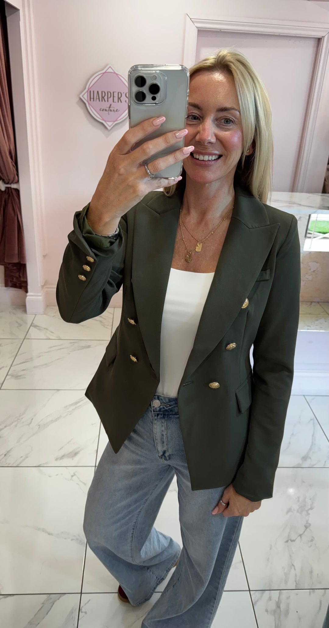 Alena Khaki Gold Button Inspired Blazer