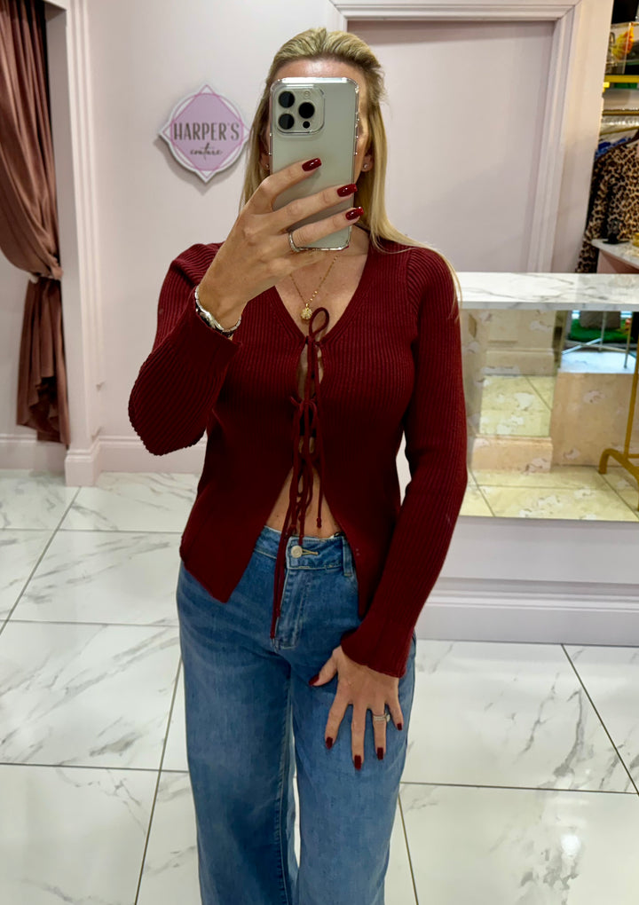 Liz Super Soft Burgundy Knit Cardigan With Tie Detail