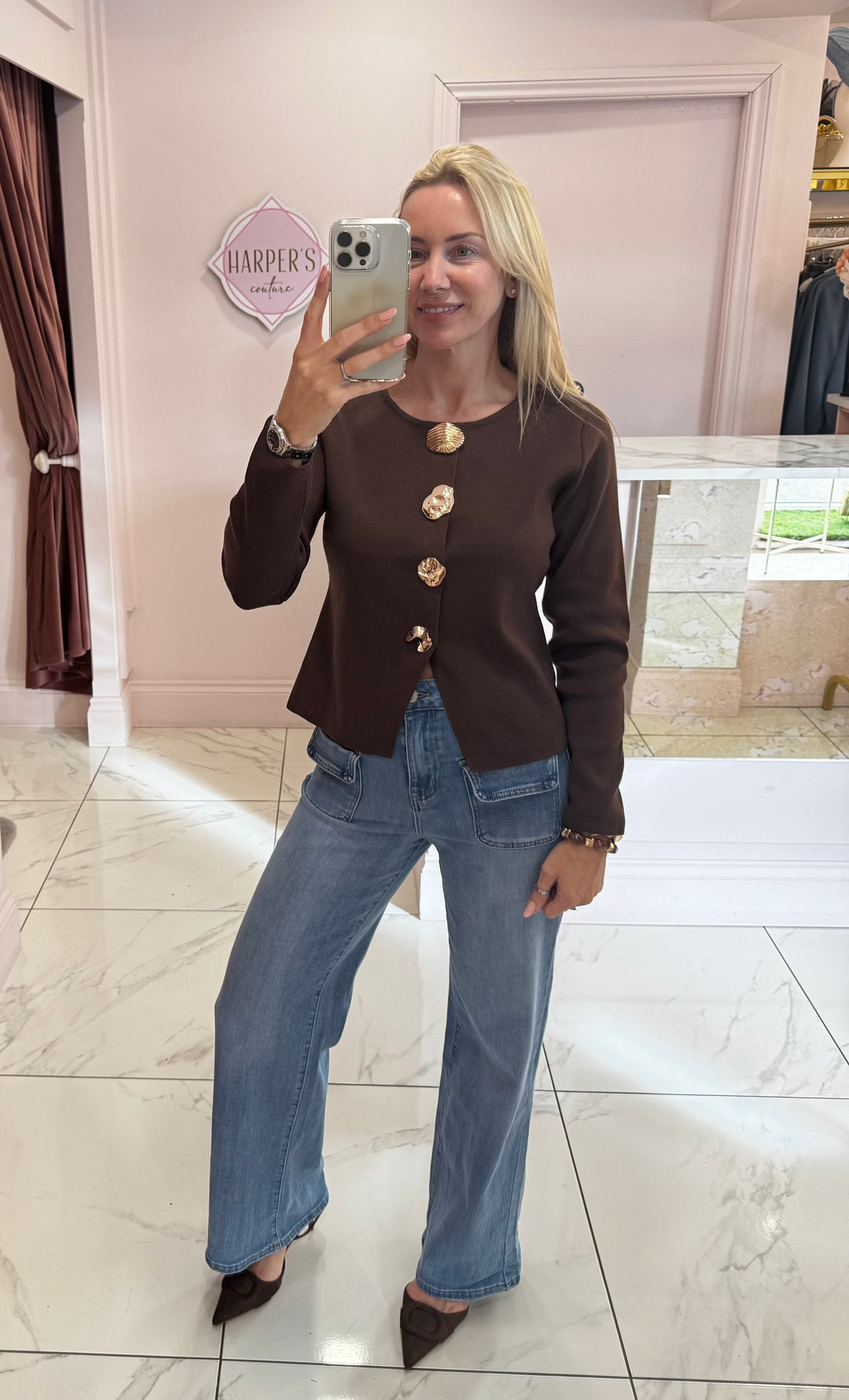 Edna Chocolate Brown Long Sleeve Gold Button Cardigan