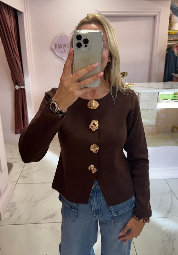 Edna Chocolate Brown Long Sleeve Gold Button Cardigan