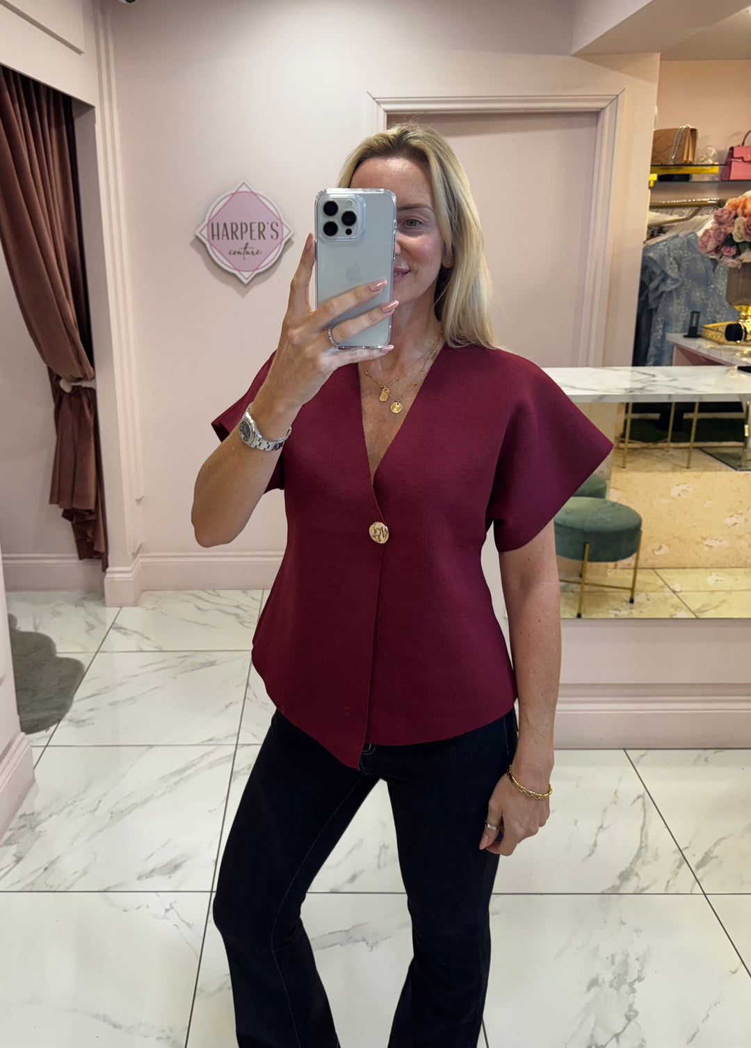 Carrie Burgundy Gold Button Detail Knit Top