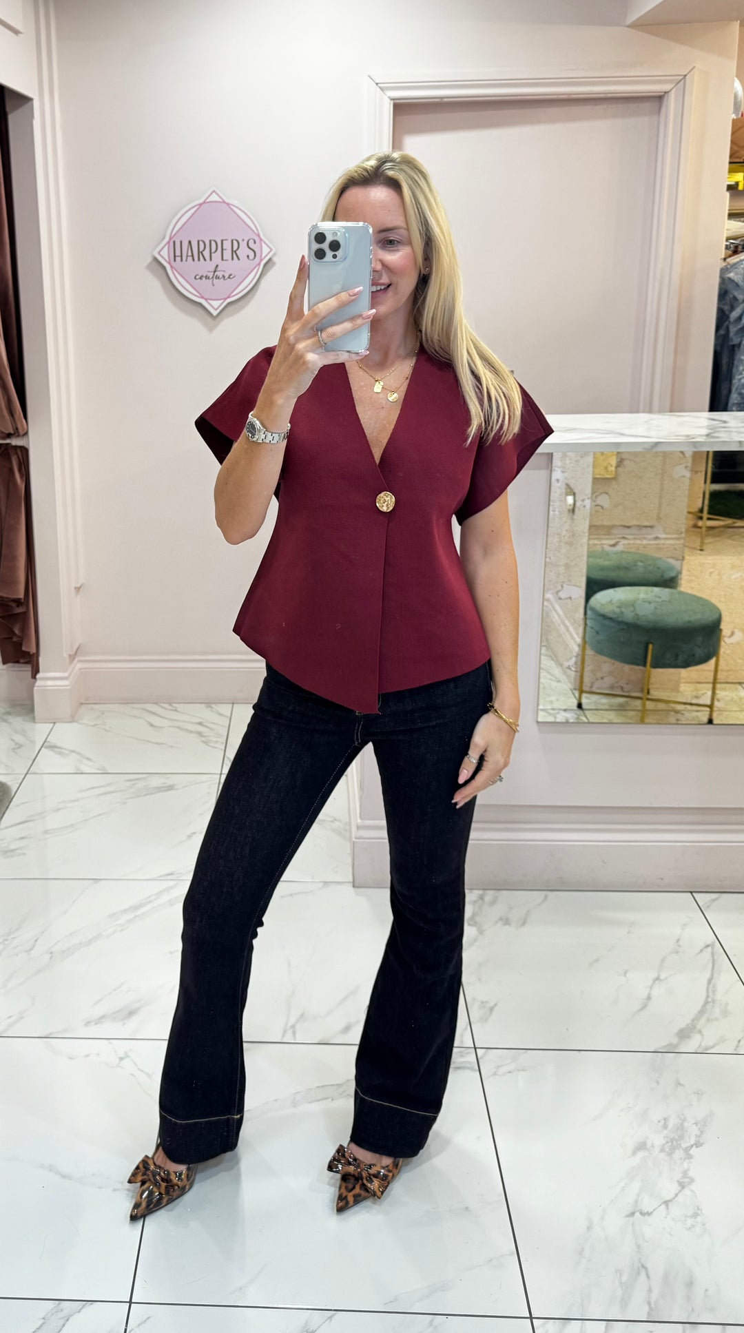 Carrie Burgundy Gold Button Detail Knit Top