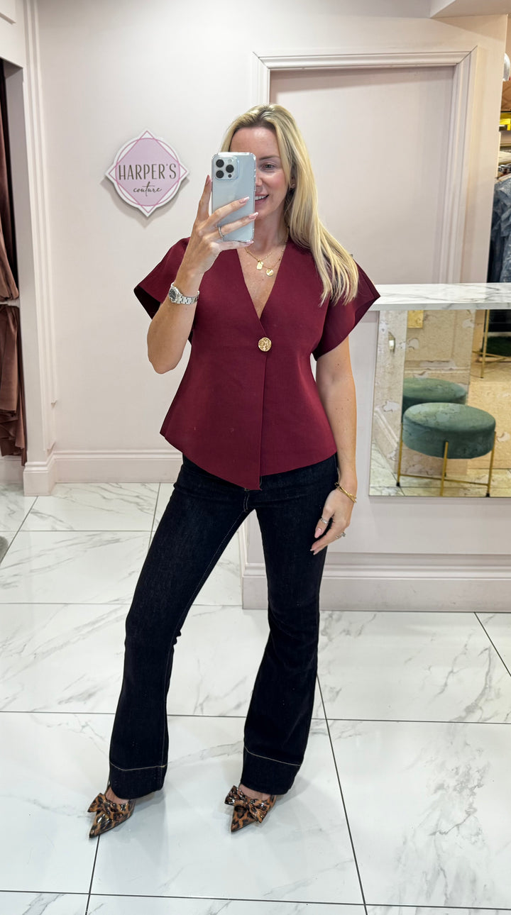 Carrie Burgundy Gold Button Detail Knit Top