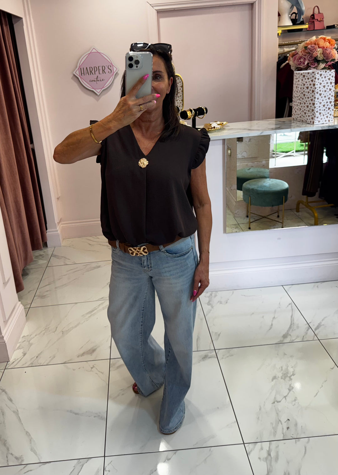 Brooke Gold Button Frill Shoulder Top