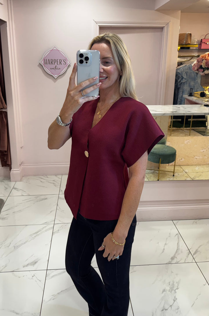 Carrie Burgundy Gold Button Detail Knit Top