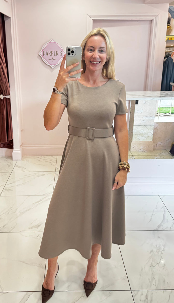 Jolene Taupe Tailored Short Sleeve Midi Dress with Belt