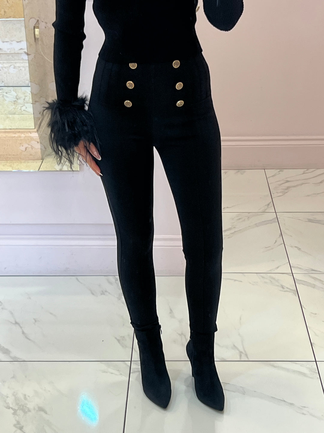 Gemma Black Skinny Gold Button Trousers