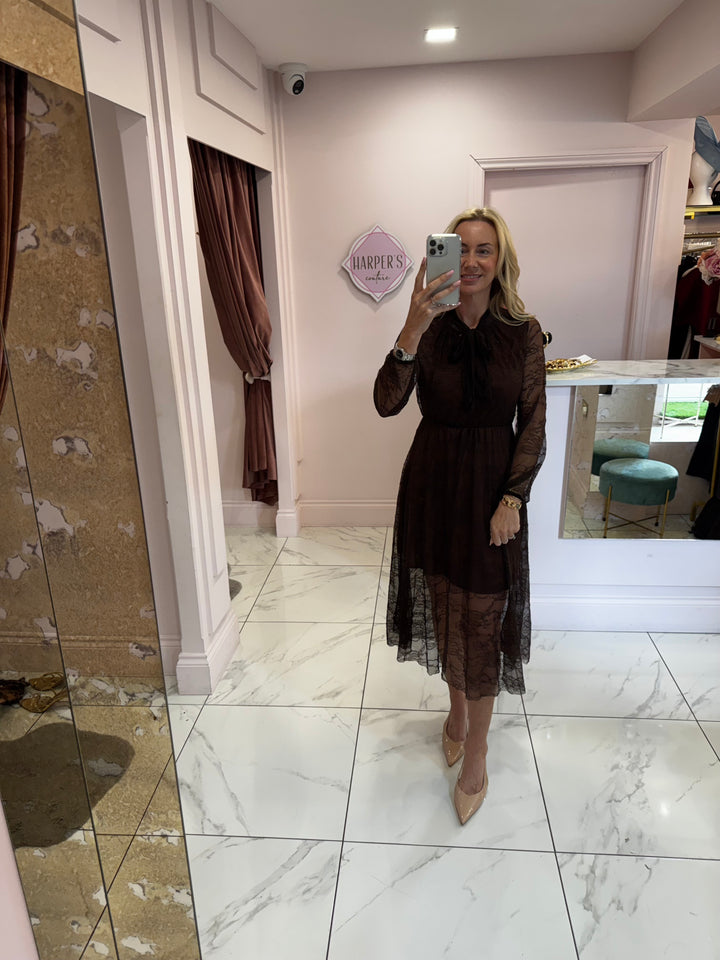 Dionne Chocolate Brown Lace Long Sleeve Dress