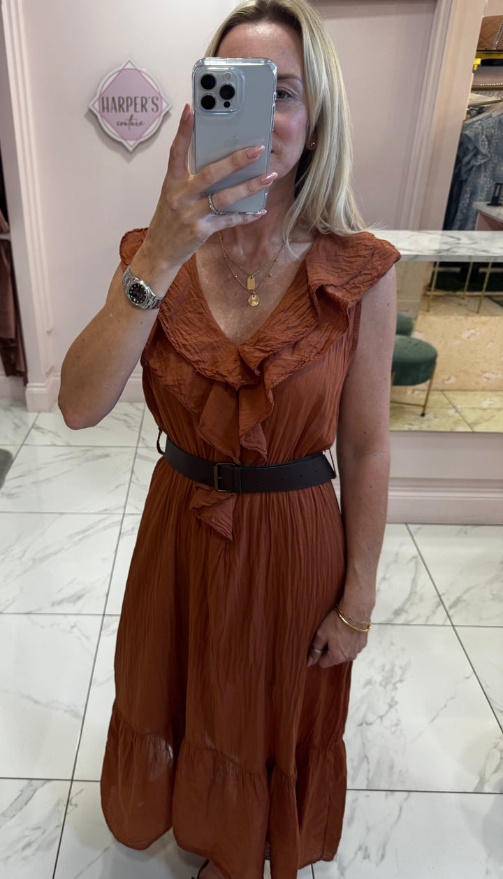 Estelle Rust Belted Ruffle Detail Dress