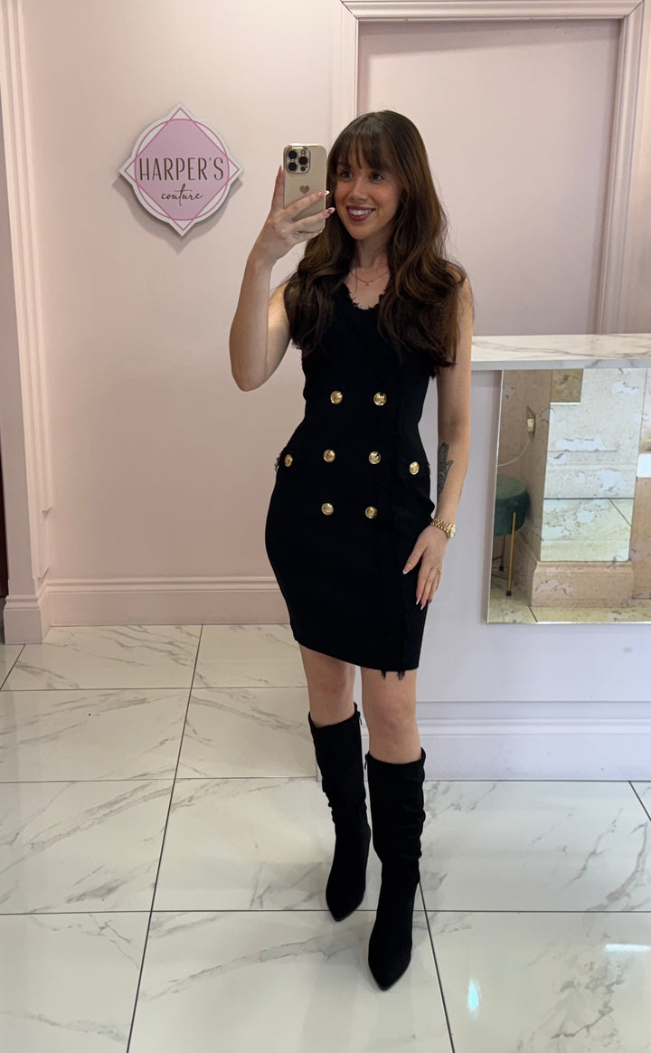 Simone Black Knit Dress With Gold Buttons