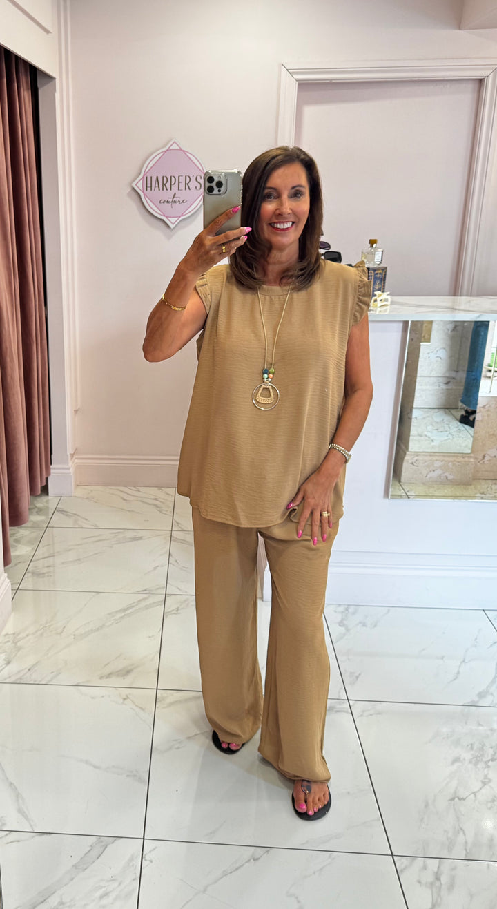 Kaya Tan Frill Shoulder Top & Trouser Co Ord Set