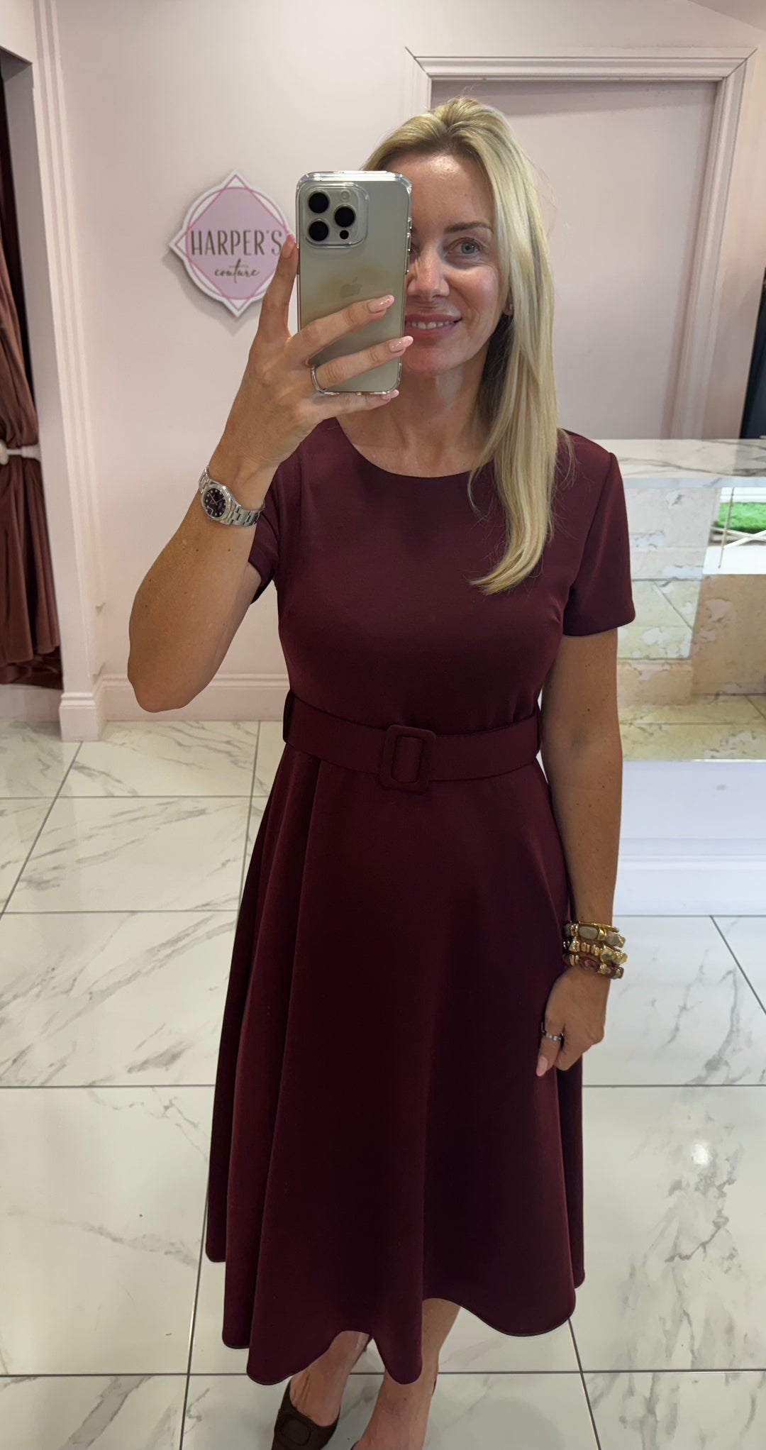 Jolene Burgundy Tailored Short Sleeve Midi Dress with Belt