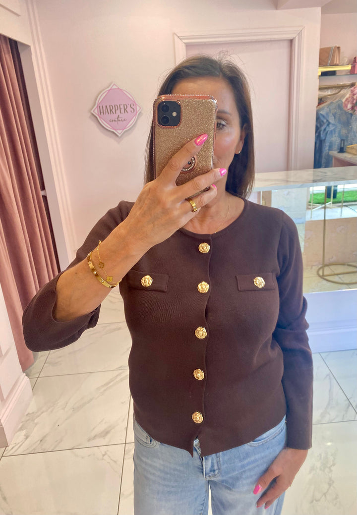 Elise Chocolate Gold Button Cardigan