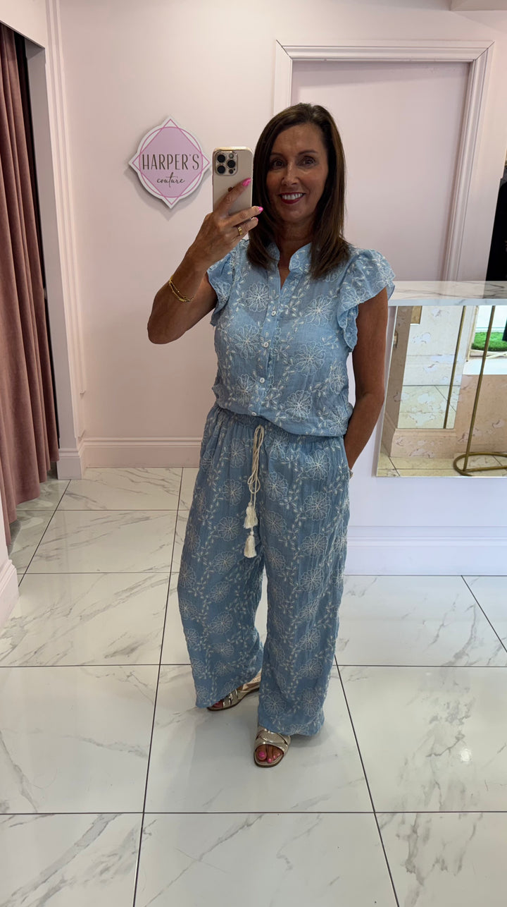 Talliah Blue Embroidered Trouser & Top Co Ord Set