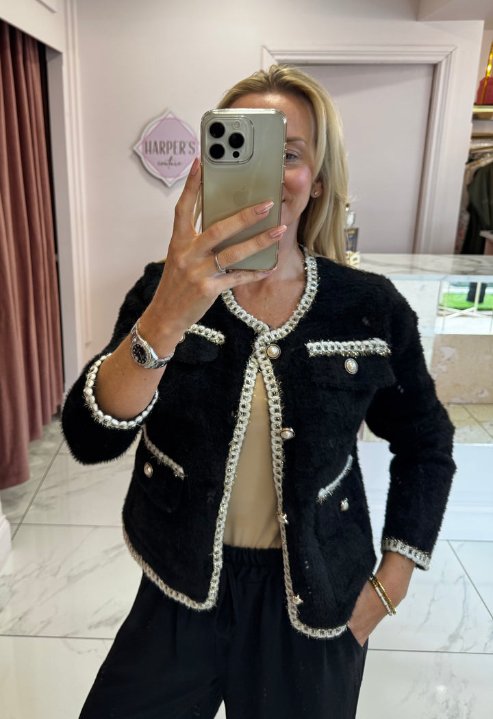 Chanella Premium Black Pearl Button Cardigan