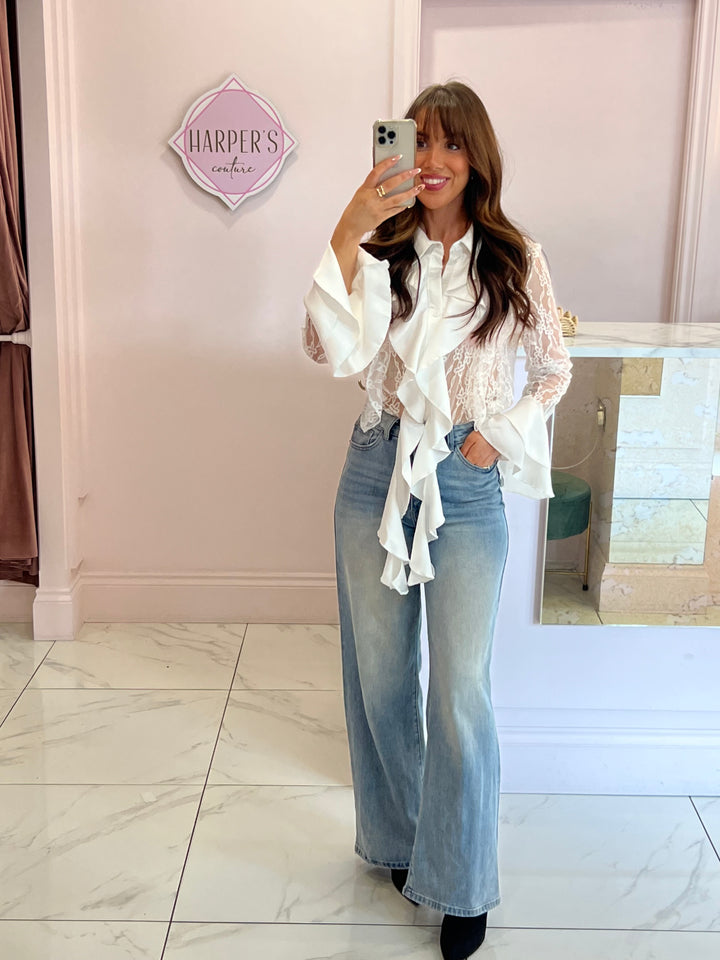 Hollie Lace & Ruffle White Shirt with Bell Sleeves