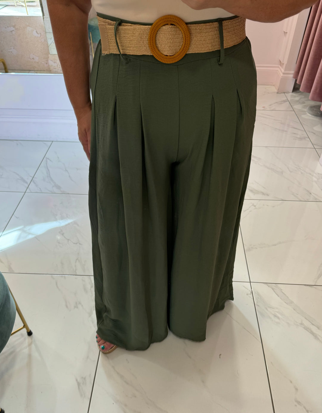 Adrianna Khaki Wide Leg Belted Trousers